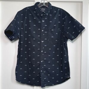 Denim & Flower Mens Slim Fit Navy Blue Bicycle Print Short Sleeve Button Shirt M